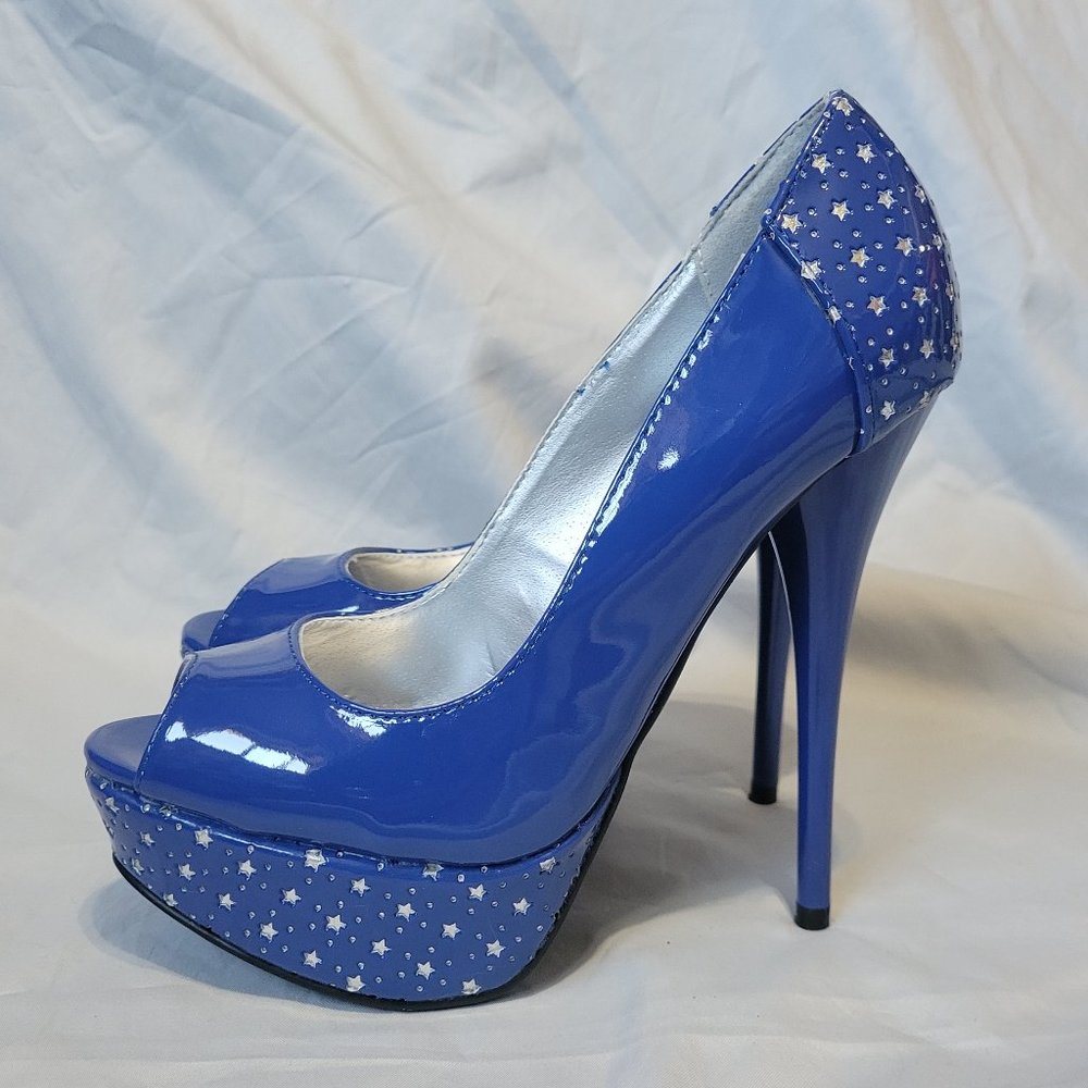 Qupid Neutral-204 Blue Faux Patent with Silver Stars Peep Toe Stiletto Heels